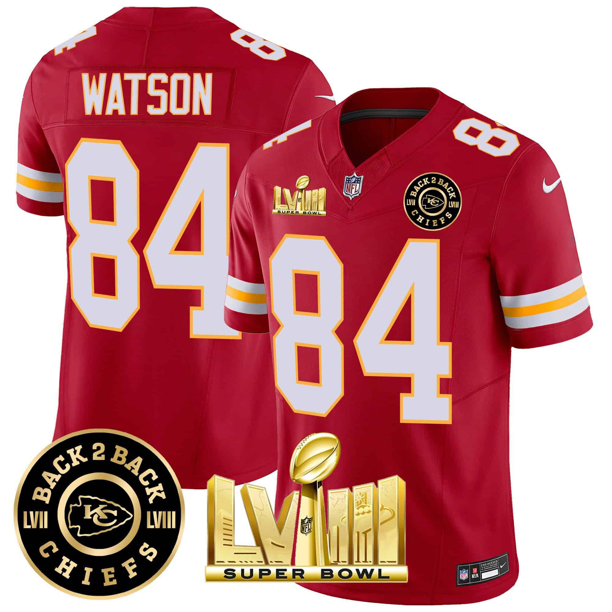 Men Kansas City Chiefs #84 Watson Red 2024 Nike Super Bowl LVIII & Back-2-Back Patch Vapor NFL Jersey style 3